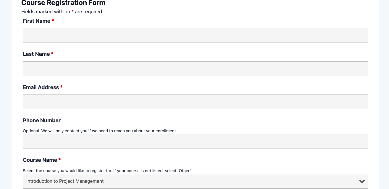 Course registration form template showing course selection dropdown, student contact fields, and session date picker.