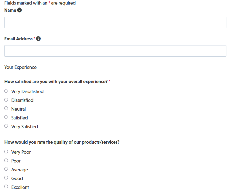 Customer satisfaction survey template showing rating scale fields and feedback questions