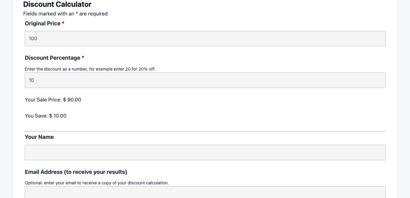 Discount calculator template showing original price and percentage off fields with sale price and savings results