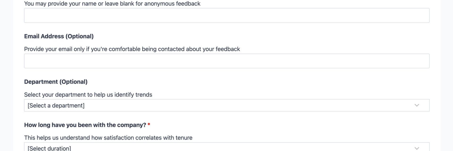 Employee satisfaction survey template showing rating scales for job satisfaction, work-life balance, and feedback fields