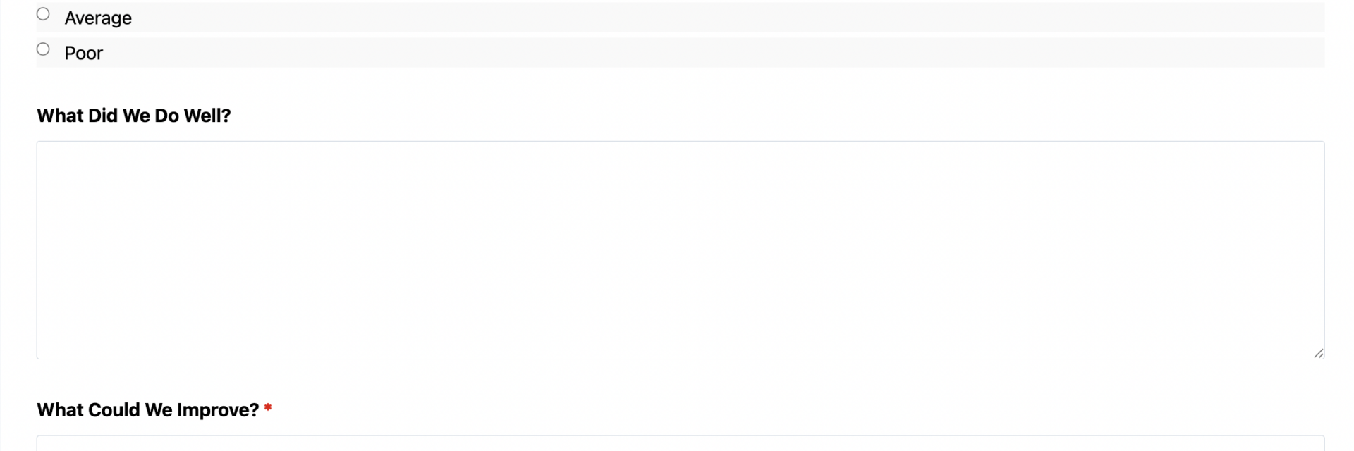 Customer feedback form template showing rating options, comment fields, and category selector