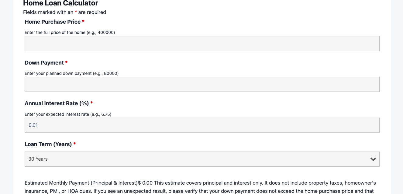 Home loan calculator template showing loan amount, interest rate, and monthly payment fields in Ninja Forms