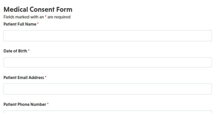 Medical consent form template showing patient information fields, procedure details, and consent acknowledgments