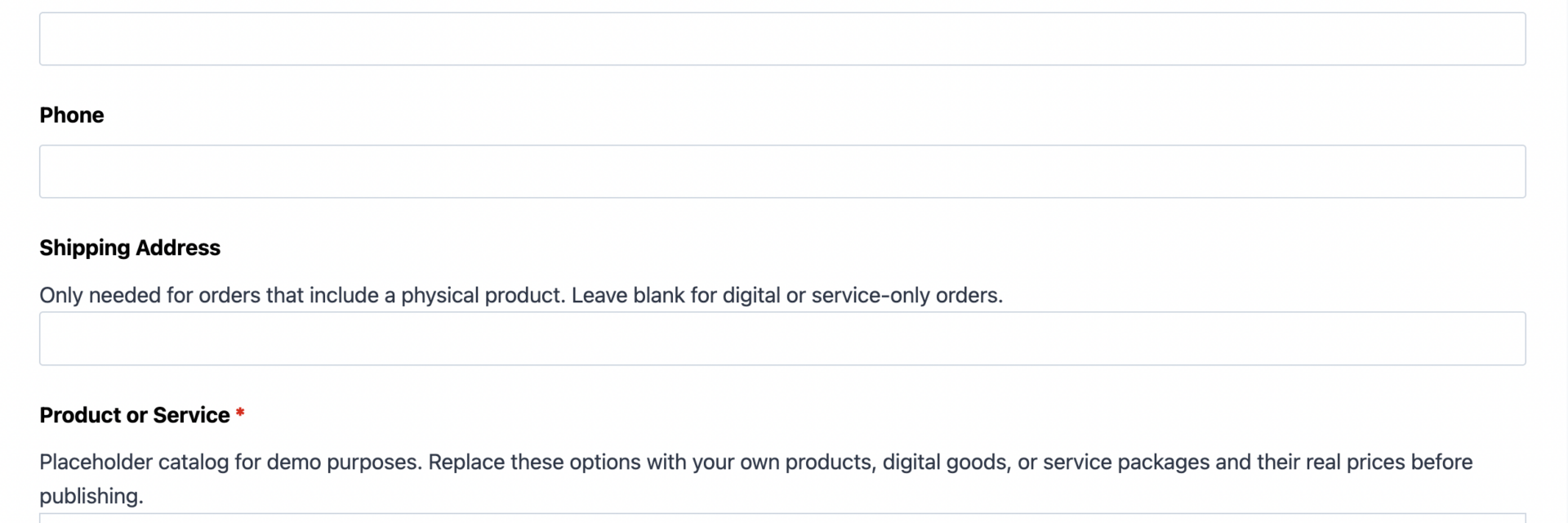 Order form template showing product selection, quantity, order total, and PayPal checkout payment fields