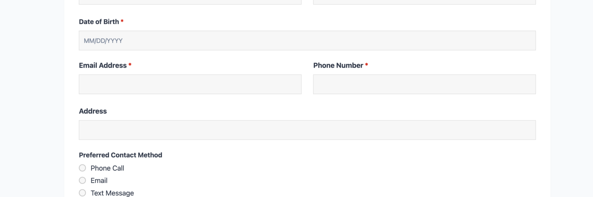Patient intake form template showing medical history fields, personal information, and emergency contact sections