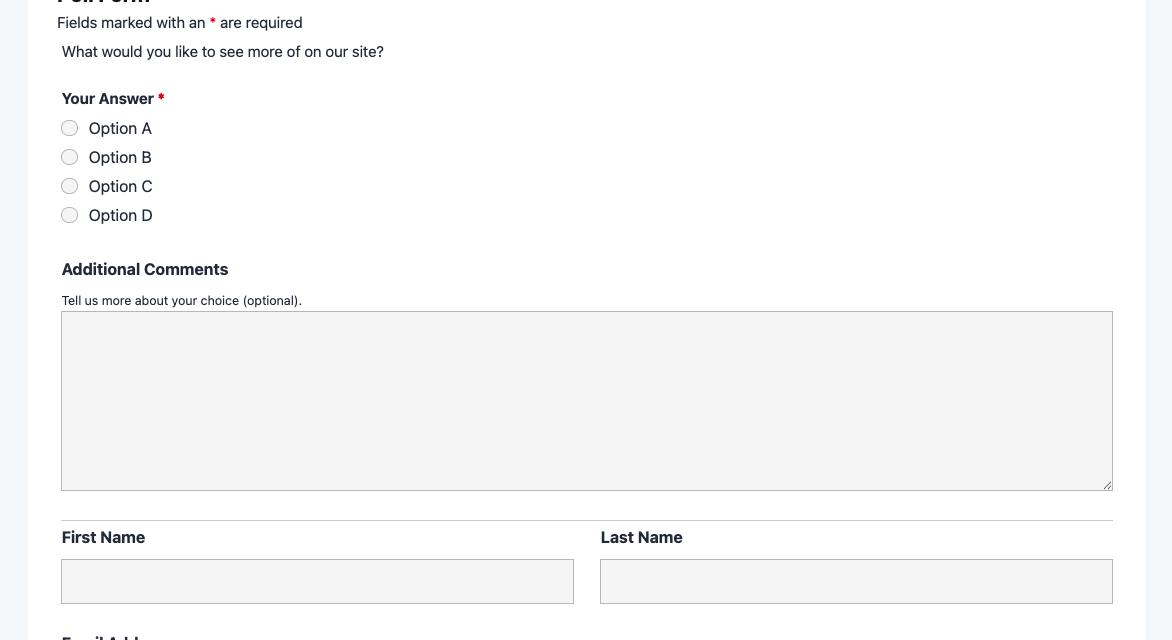 Poll form template showing radio list voting field and answer options in WordPress