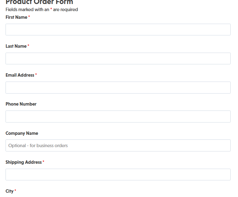 Product order form template showing product selection fields, quantity inputs, and calculated order total display