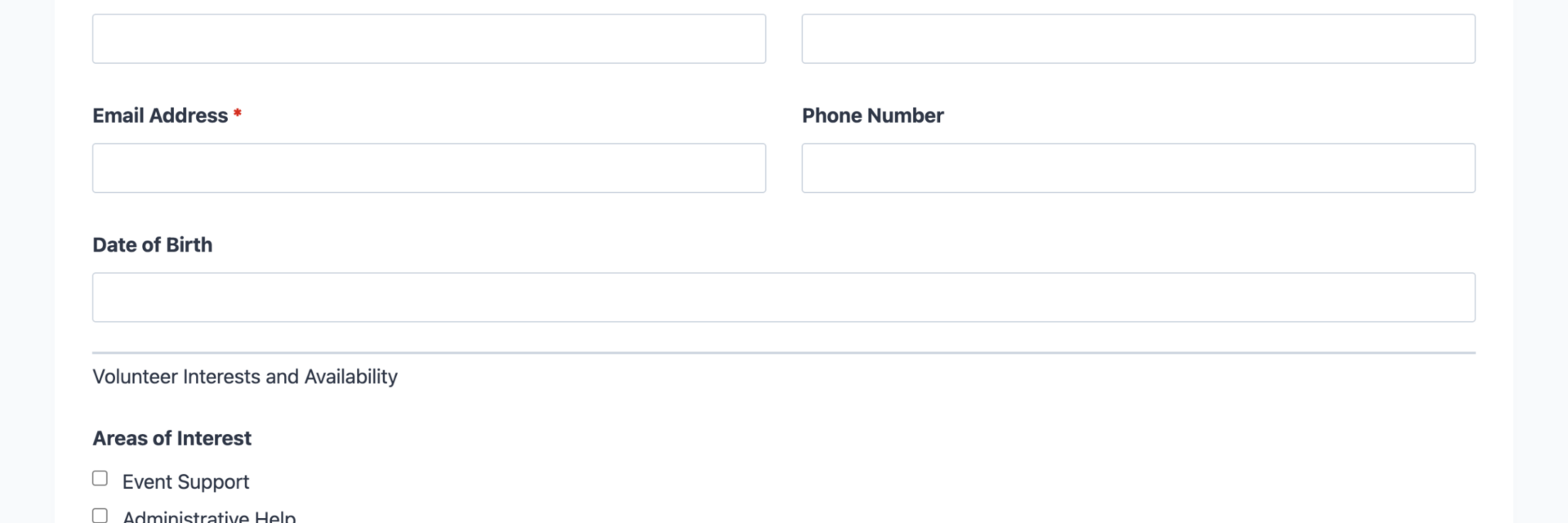 Volunteer application form template showing contact fields, availability checkboxes, and skills input sections.