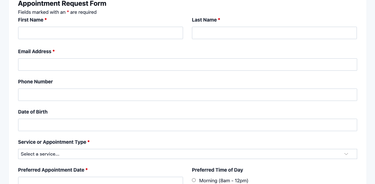 Appointment request form template showing patient contact fields, date picker, and service type dropdown