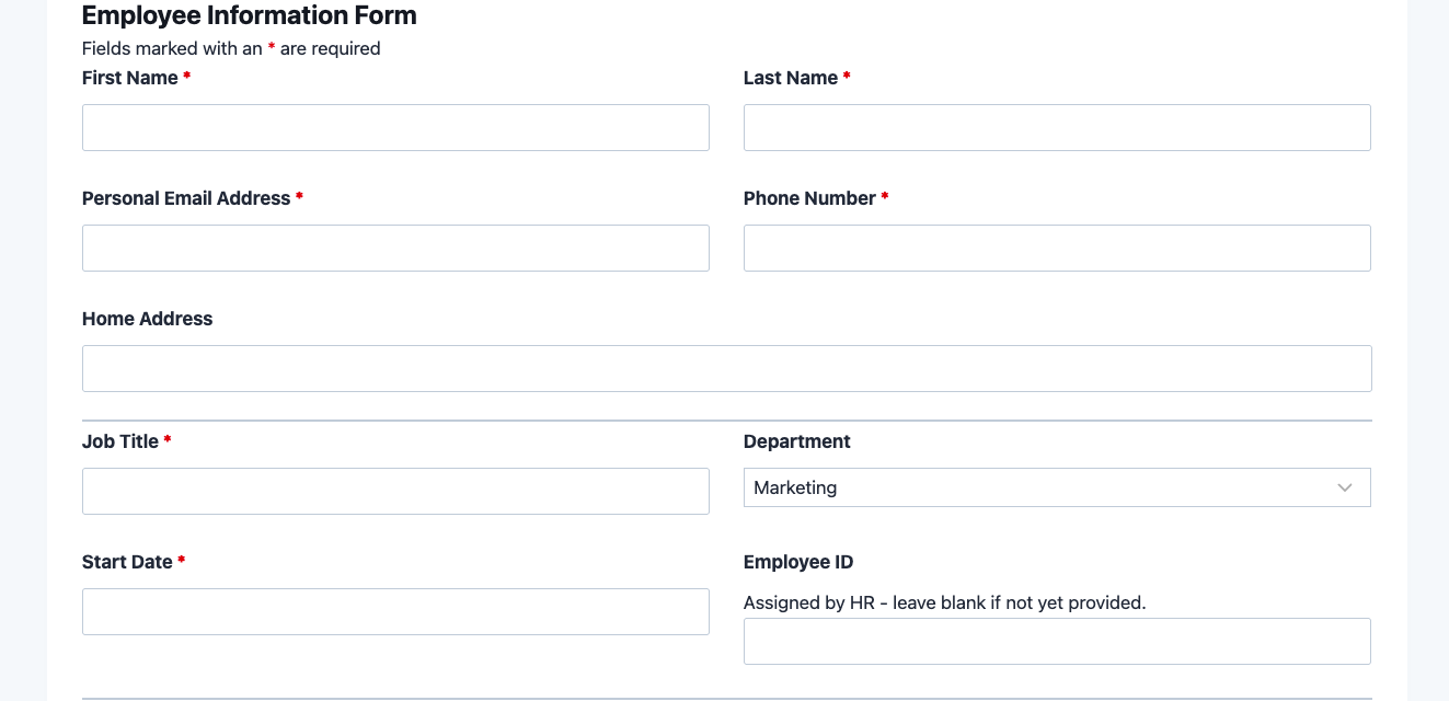 Employee information form template showing personal details, employment fields, and emergency contact sections