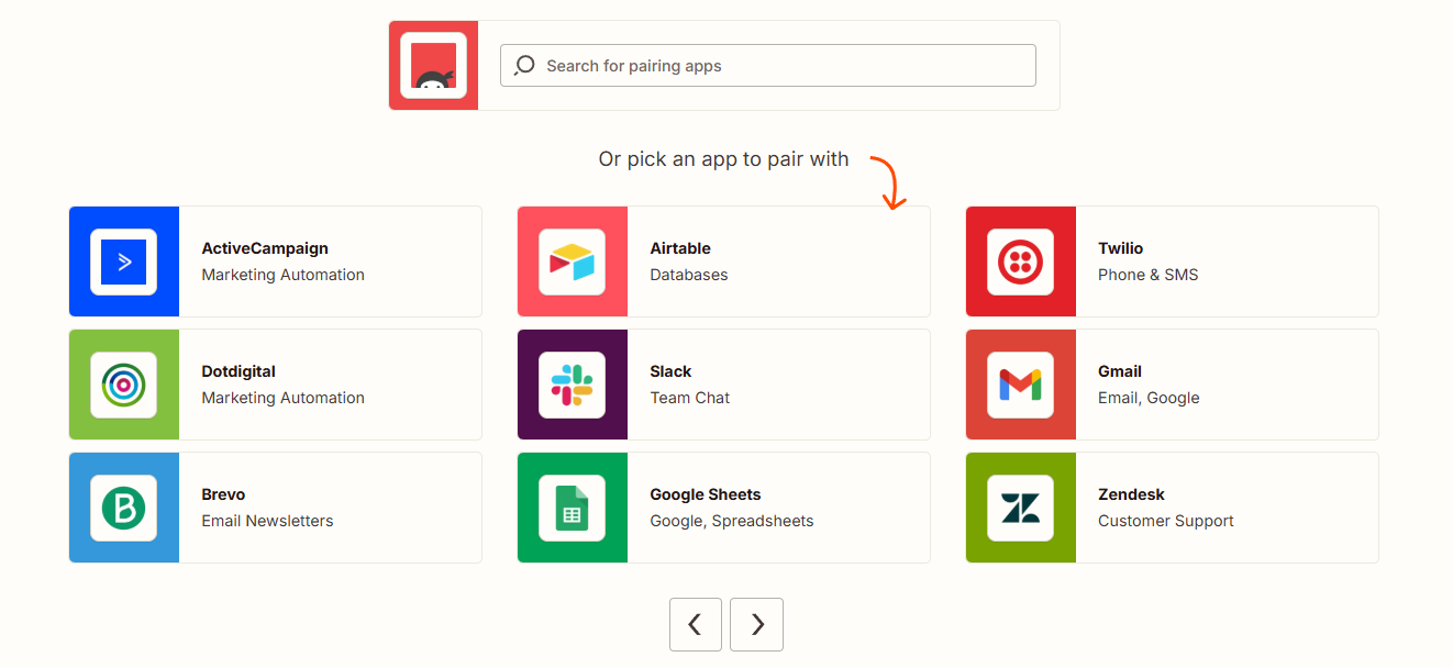 Zapier app directory showing available integrations connected to Ninja Forms