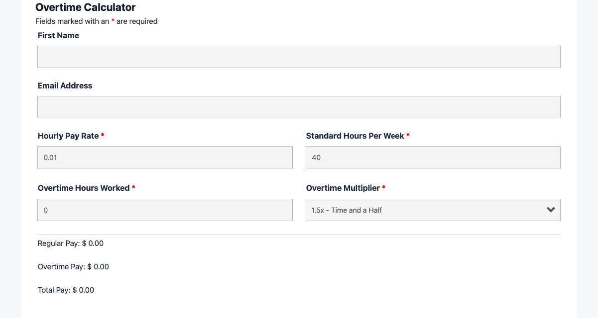 Overtime calculator template showing hourly rate, overtime hours, and total pay fields