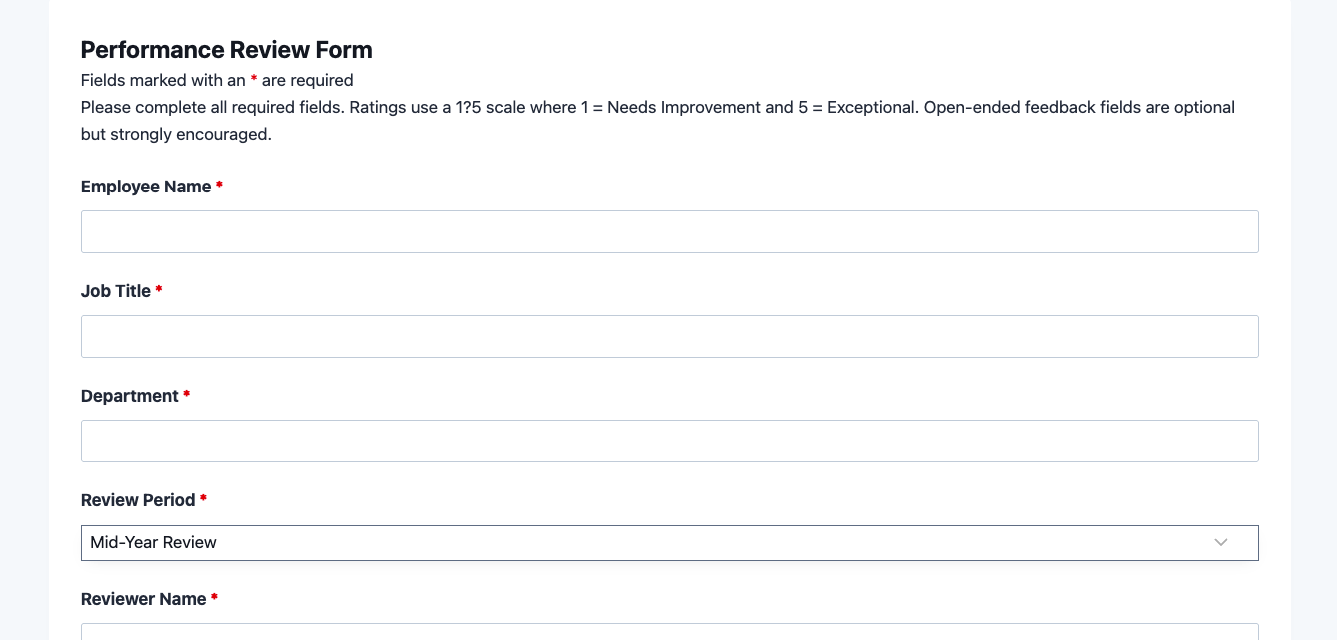 Performance review form template showing employee rating fields and open-ended feedback sections