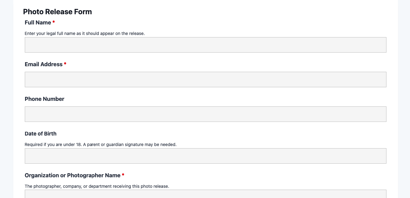 Photo release form template showing consent fields, permitted uses checkboxes, and submission confirmation