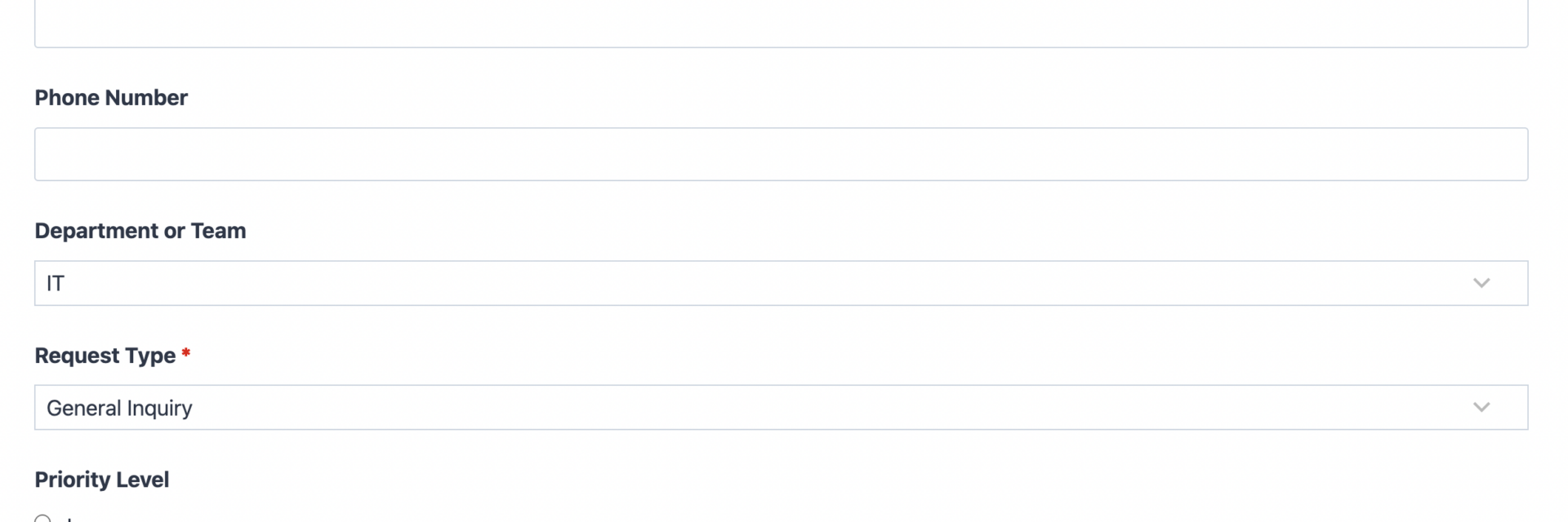 Request form template showing requester details, request type, priority, and description fields