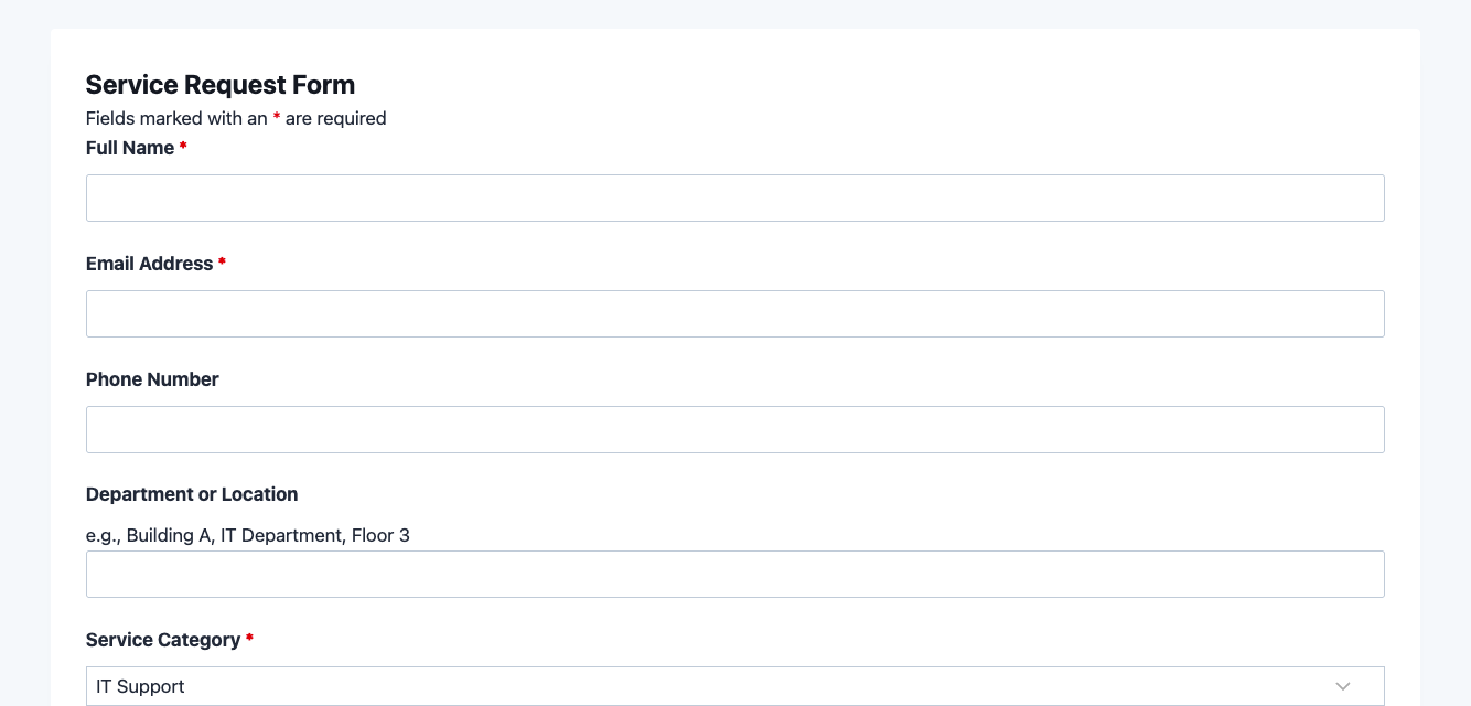 Service request form template showing category dropdown, priority level selector, and description field