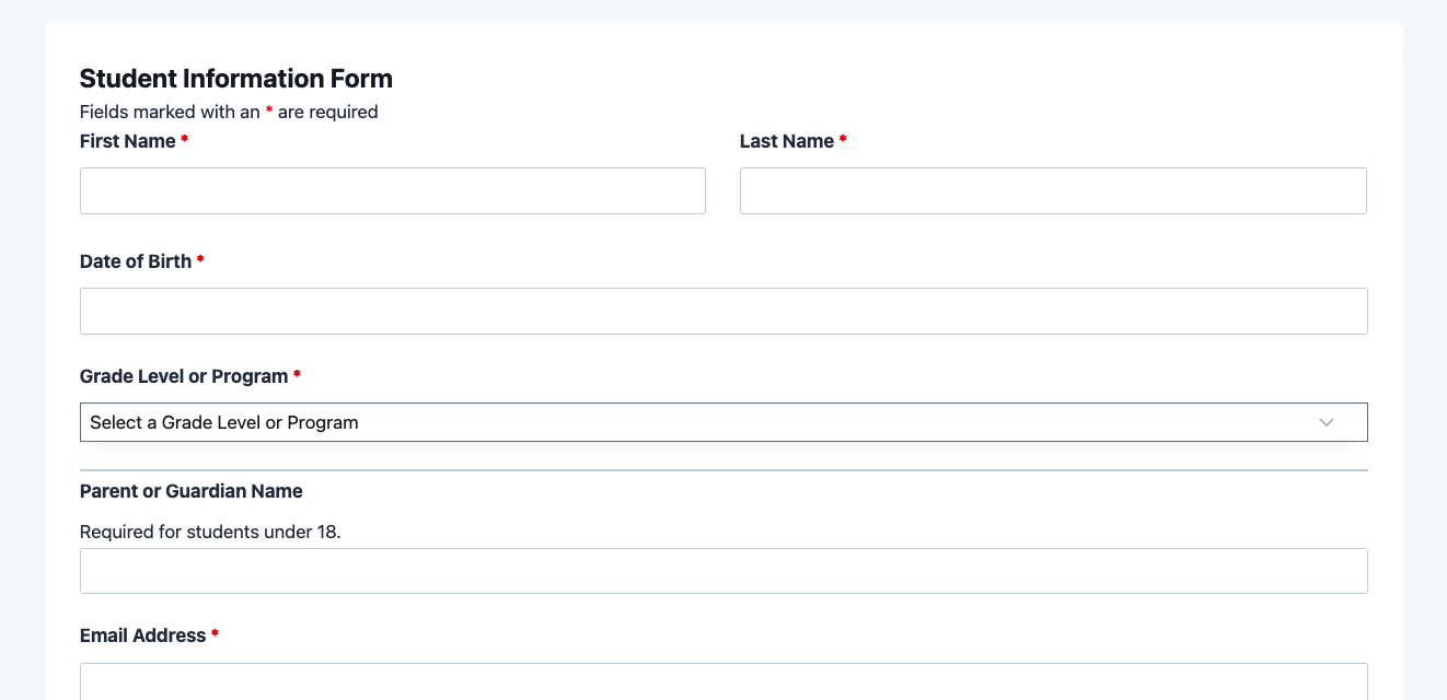 Student information form template showing student name, grade level, and emergency contact fields