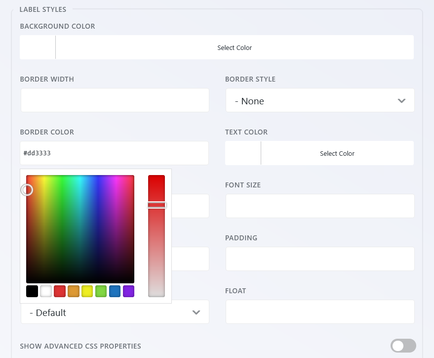 The visual styling editor panel showing color pickers, border controls, and spacing options for a form field
