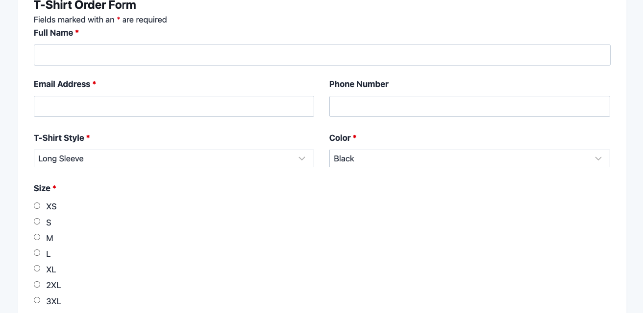 T-shirt order form template showing size, color, and quantity fields with automatic order total calculation