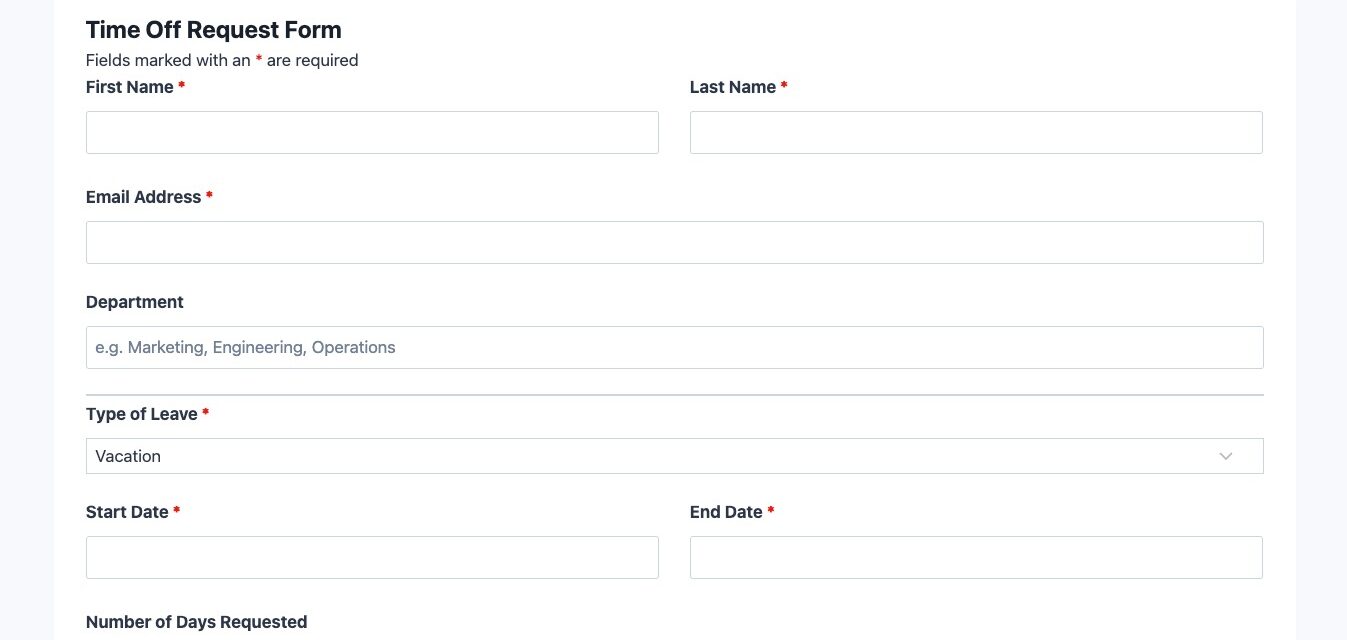 Time off request form template showing employee leave fields and date selection inputs