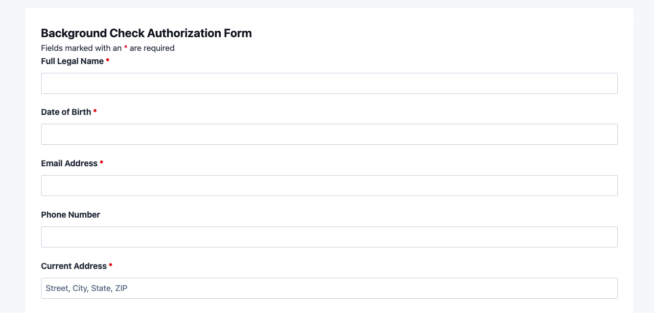 Background check authorization form template showing consent checkbox, applicant fields, and disclosure text