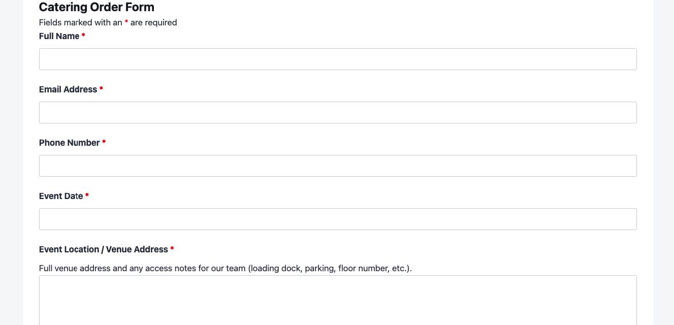 Catering order form template showing event date, menu selection, dietary restriction checkboxes, and order total estimate