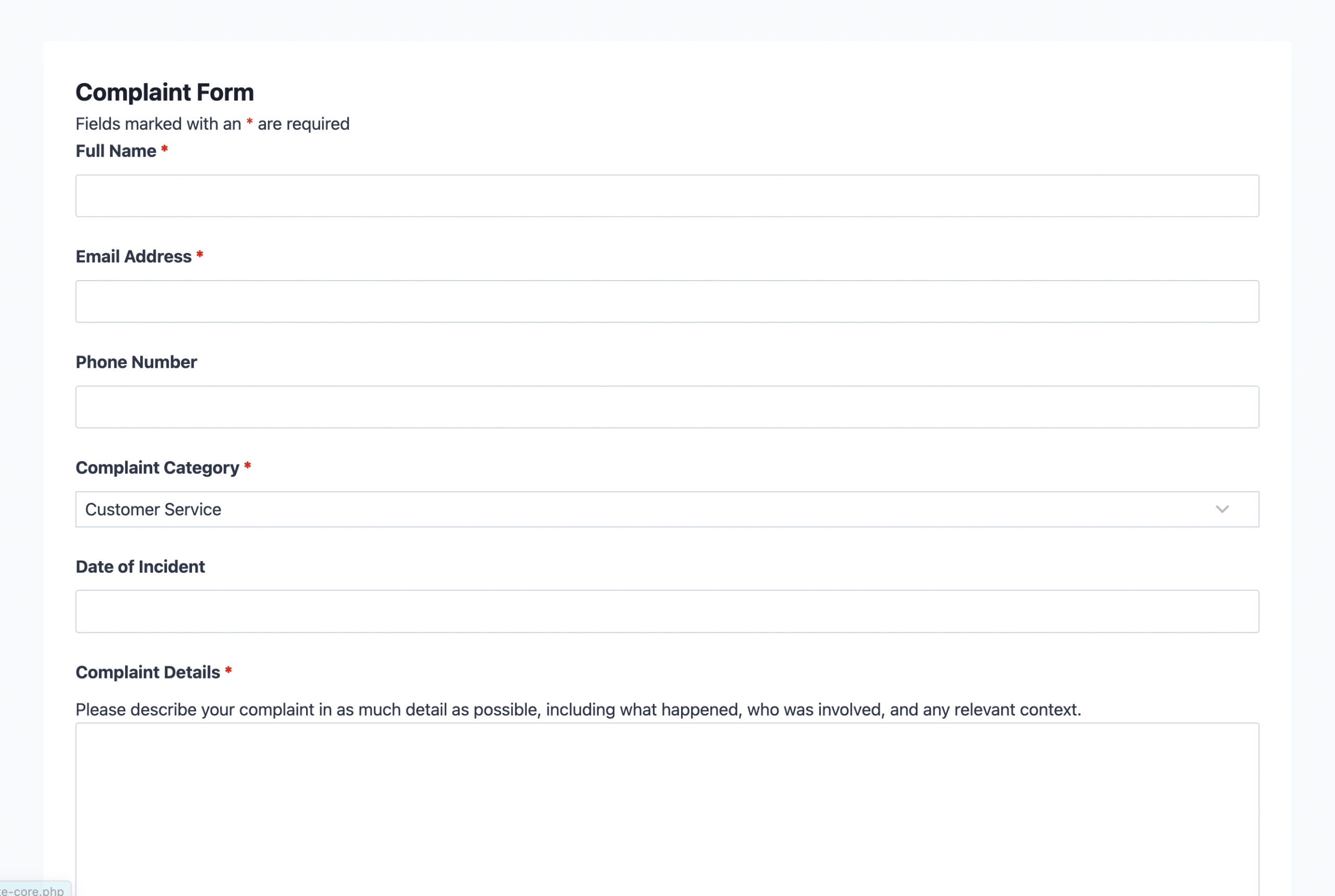 Complaint form template showing category dropdown, complaint details field, and submit button