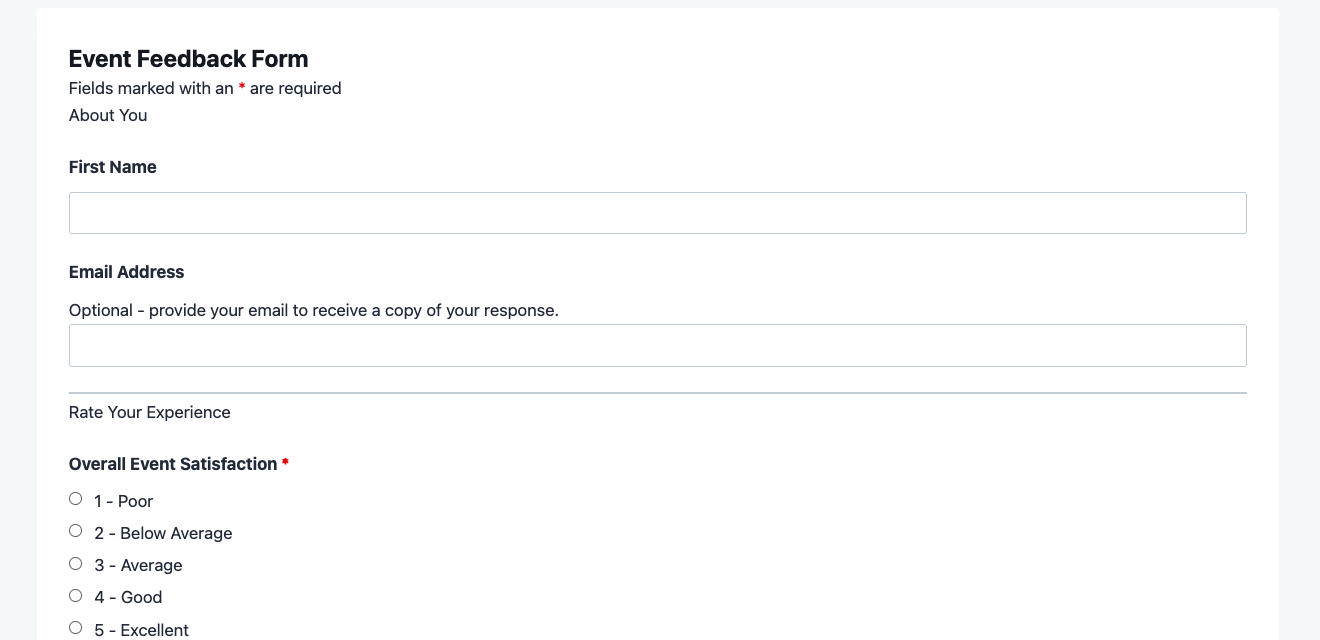 Event feedback form template showing attendee satisfaction rating fields and comment sections