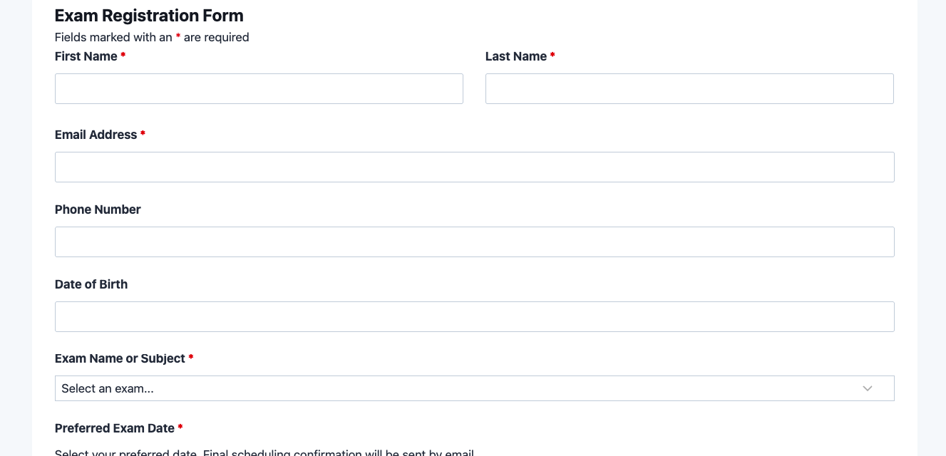 Exam registration form template showing candidate name, exam selection dropdown, and date fields