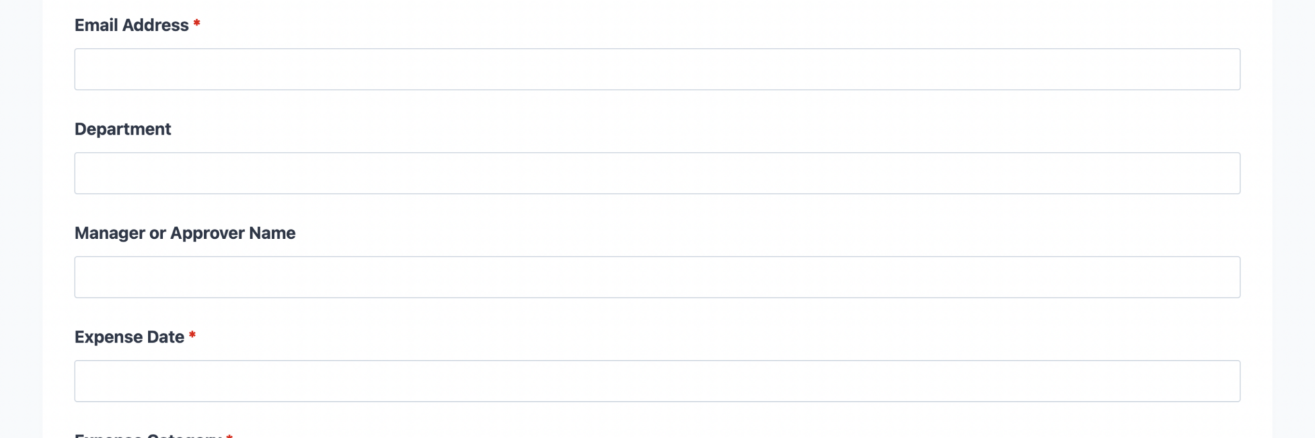 Expense reimbursement form template showing expense category dropdown, amount fields, and auto-calculated total