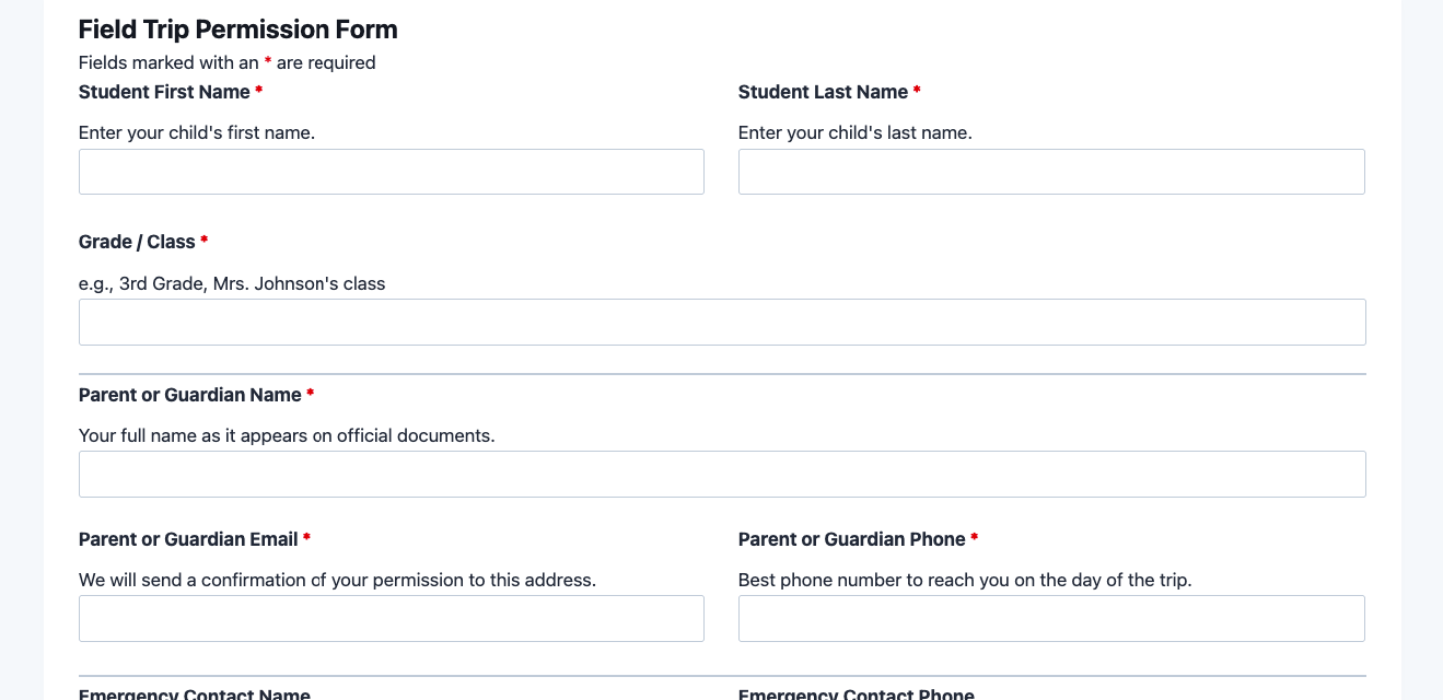 Field trip permission form template showing student info fields, emergency contact inputs, and parental consent checkbox
