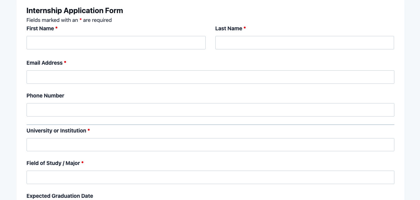 Internship application form template showing applicant fields, availability options, and position of interest dropdown