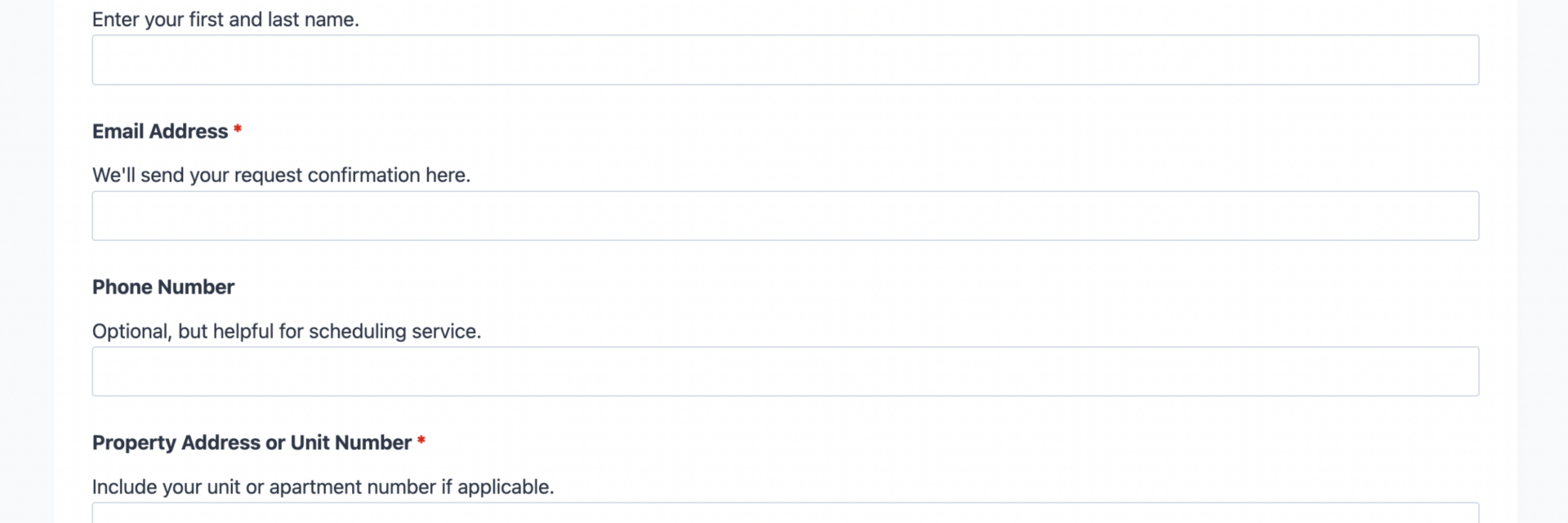 Maintenance request form template showing tenant contact fields, issue category dropdown, and priority level options