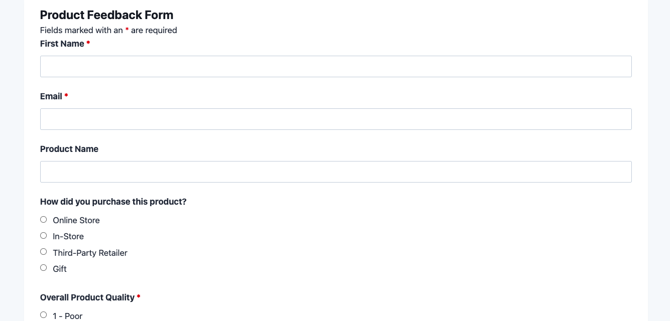 Product feedback form template showing star rating fields, open-ended comment inputs, and an overall satisfaction score display