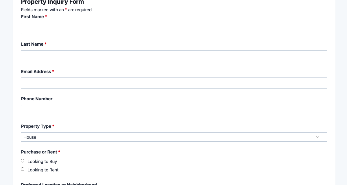 Property inquiry form template showing contact fields, property type dropdown, and budget selector