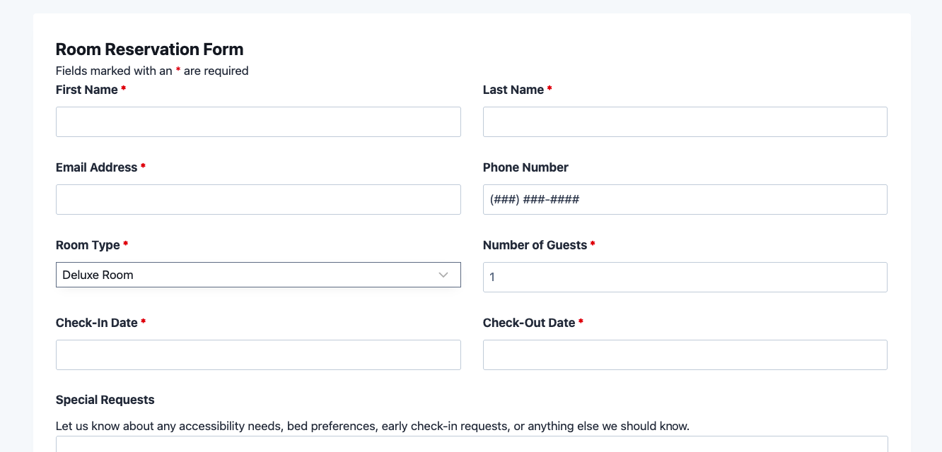 Room reservation form template showing check-in date, check-out date, room type dropdown, and guest details fields