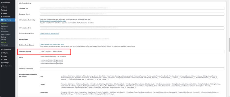 Ninja Forms Salesforce settings showing retrieved Objects including Lead, Contact, and Opportunity