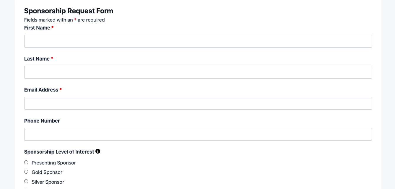 Sponsorship request form template showing organization fields, sponsorship tier selection, and contact details