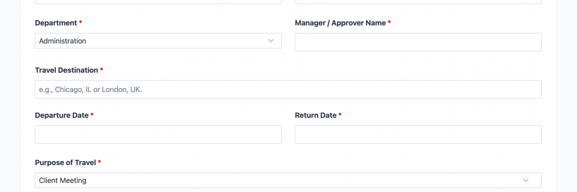 Travel request form template showing trip details, date fields, and estimated cost calculation summary