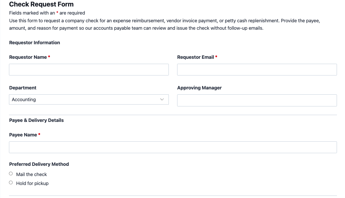 Check request form template showing payee details, amount requested, and receipt upload fields