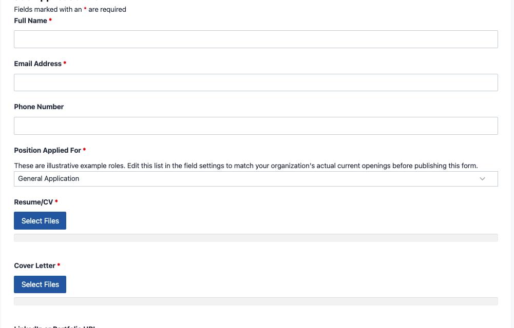 Job application form template with position dropdown, applicant details, and resume upload field