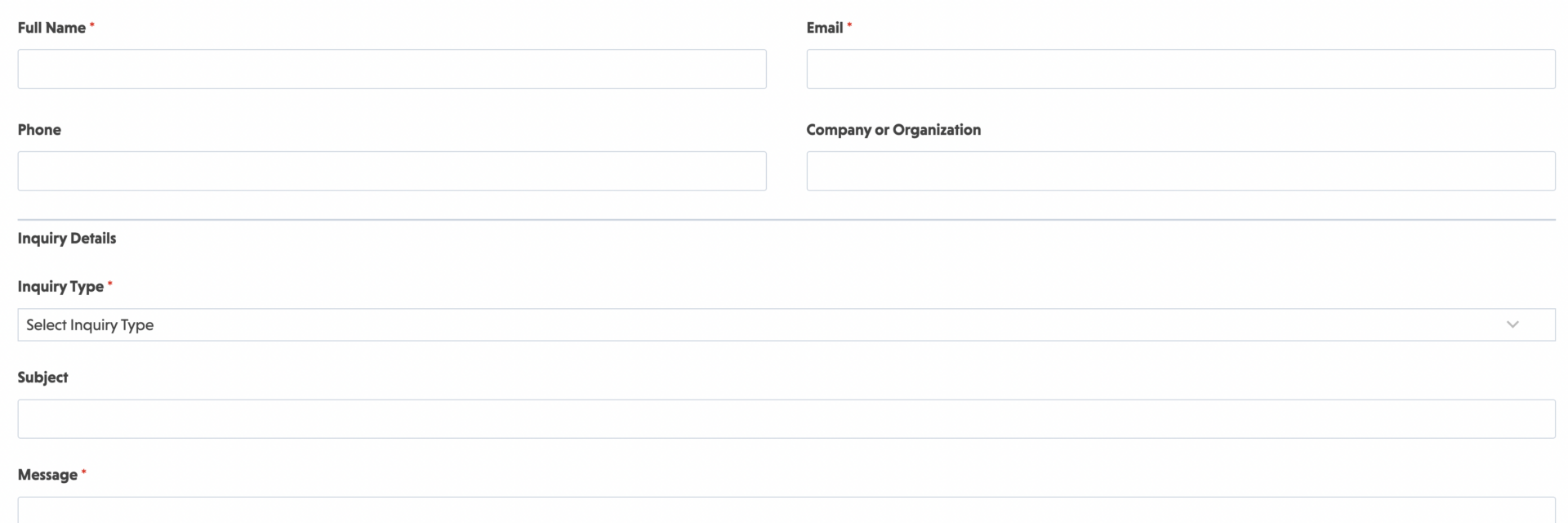 Inquiry form template showing name, email, and inquiry type fields with a submit button