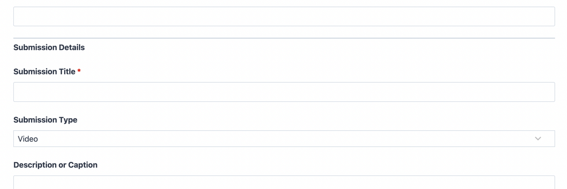 Submission form template showing contributor name, email, submission title, and file upload fields