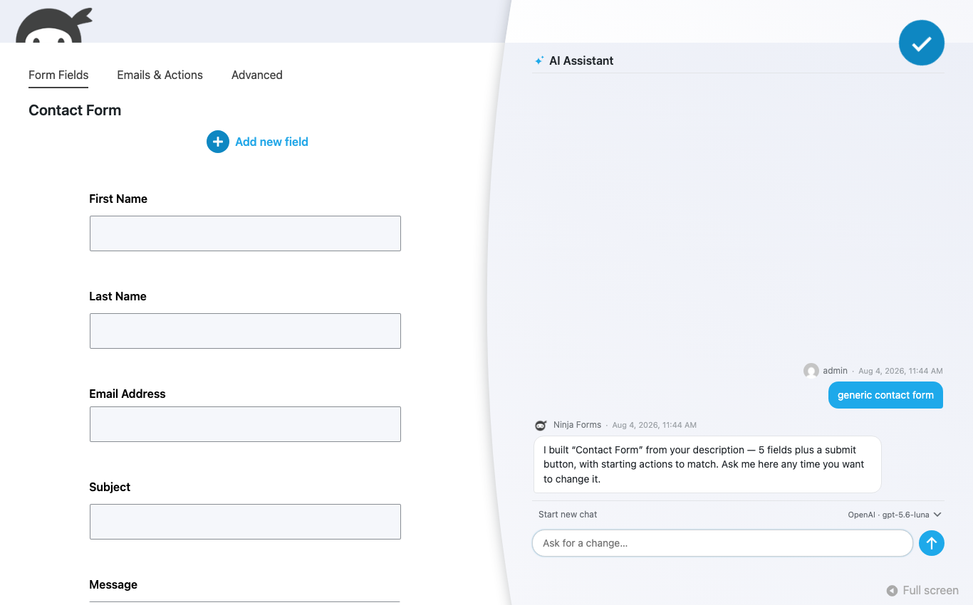 The Ninja Forms builder with the AI Assistant panel open beside the form, showing a conversation and the Ask for a change input