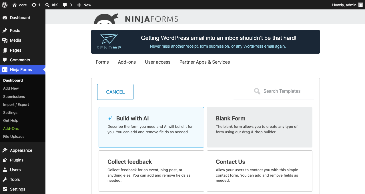 The Ninja Forms Add New form grid with the Build with AI option shown as the first tile