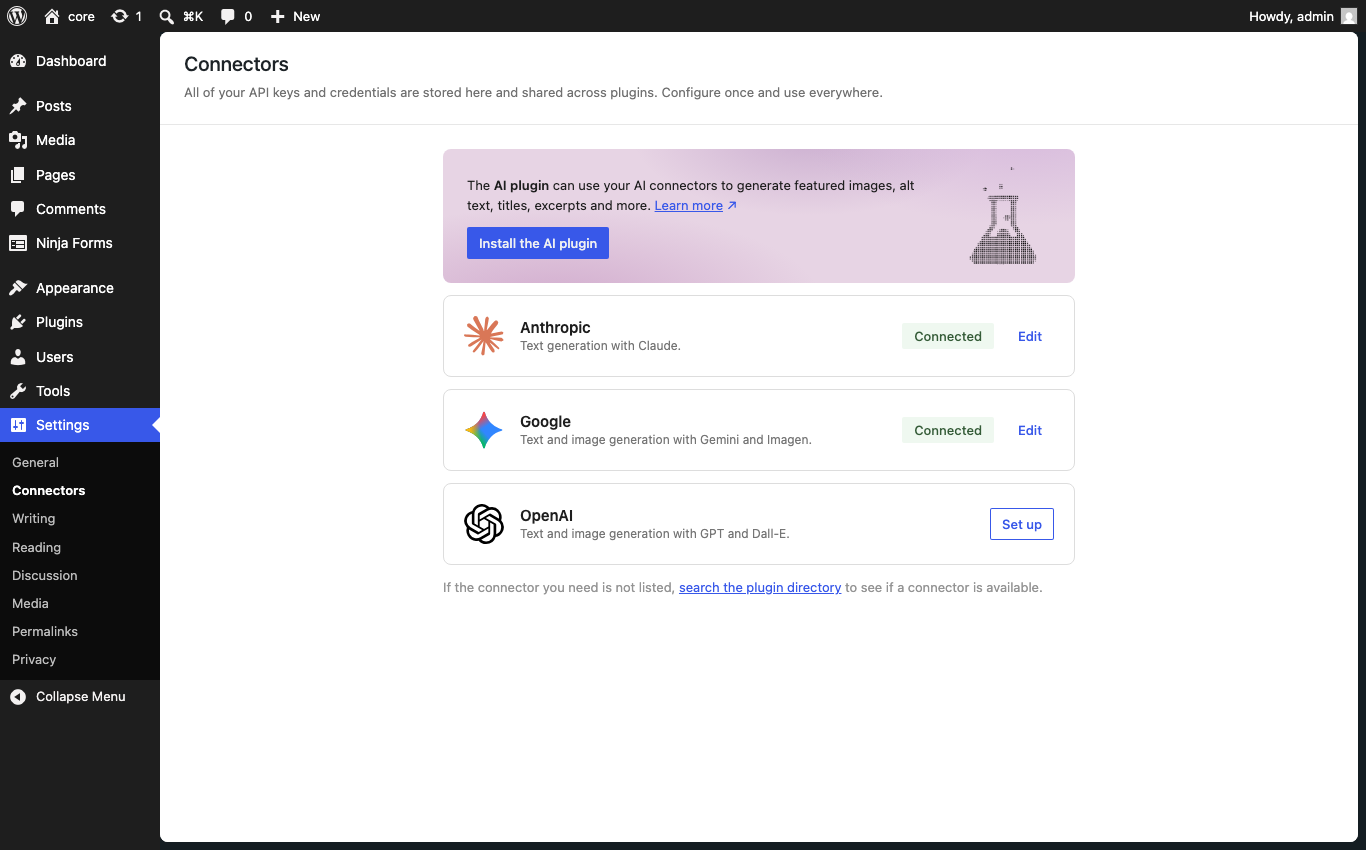 The WordPress Connectors settings screen listing Anthropic, Google, and OpenAI providers with their connection status