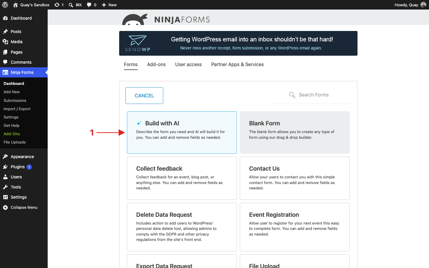 Ninja Forms Add New form grid with the Build with AI tile highlighted as the first option.
