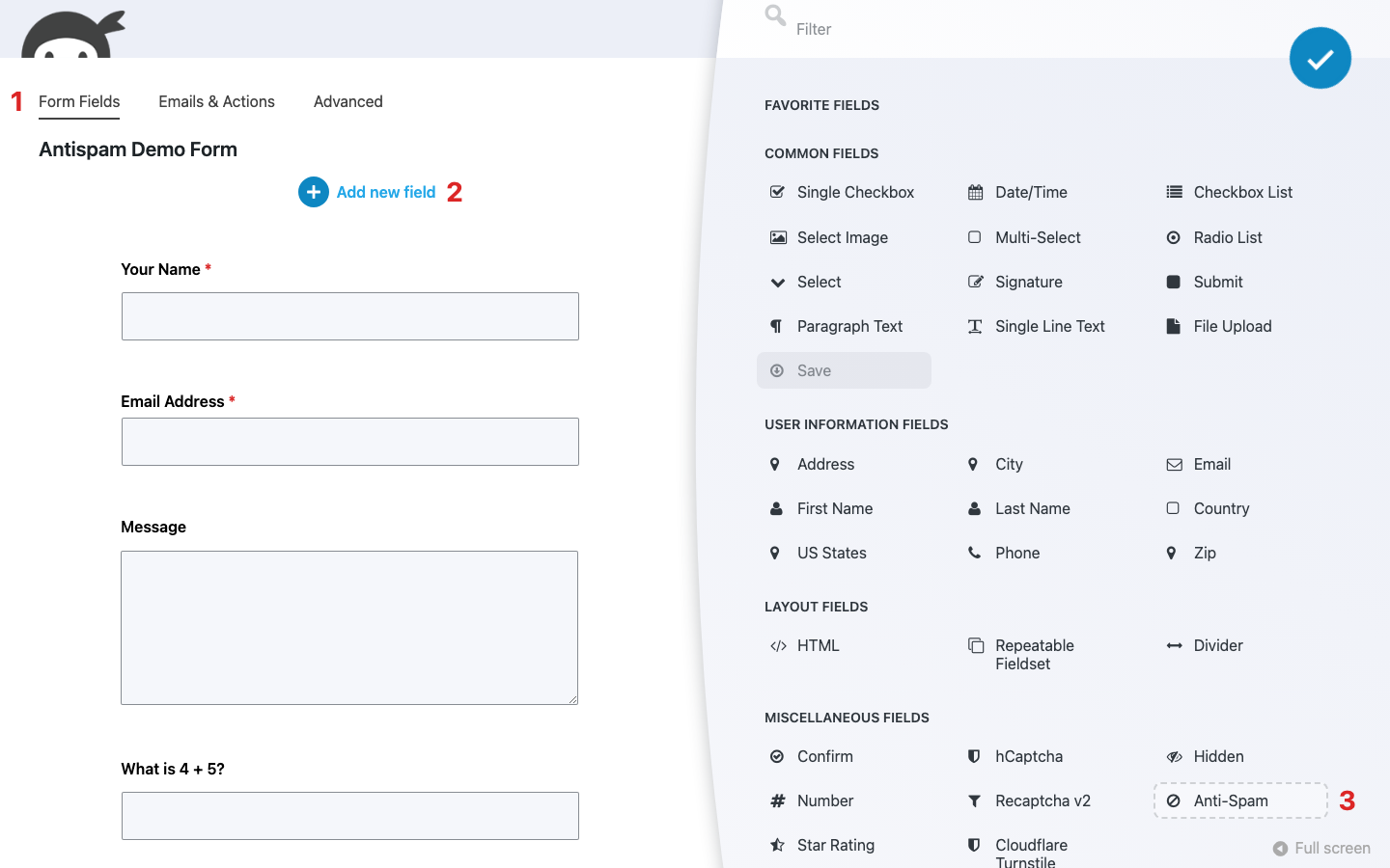 Ninja Forms builder with the Form Fields tab active and the Fields window open, showing the Anti-Spam tile under Miscellaneous Fields.
