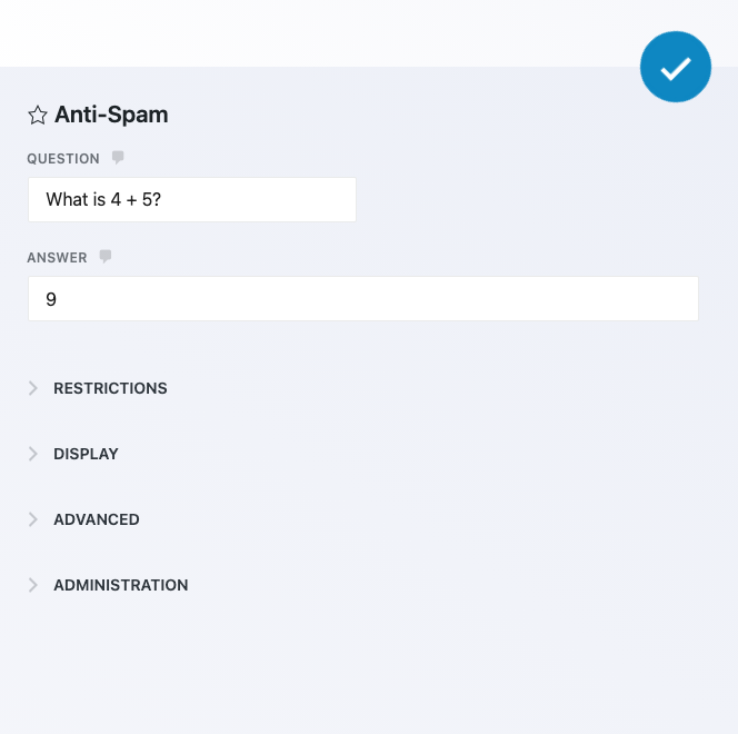 Ninja Forms Anti-Spam field settings window showing the Question field populated with 'What is 4 + 5?' and the Answer field populated with '9'.