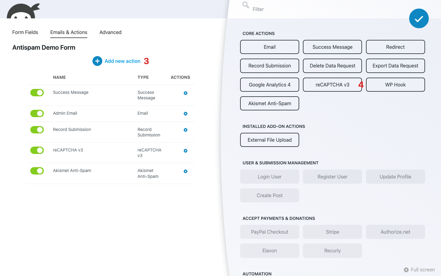 Ninja Forms builder with the Emails & Actions tab active and the Actions window open, showing the reCAPTCHA v3 tile under Core Actions.